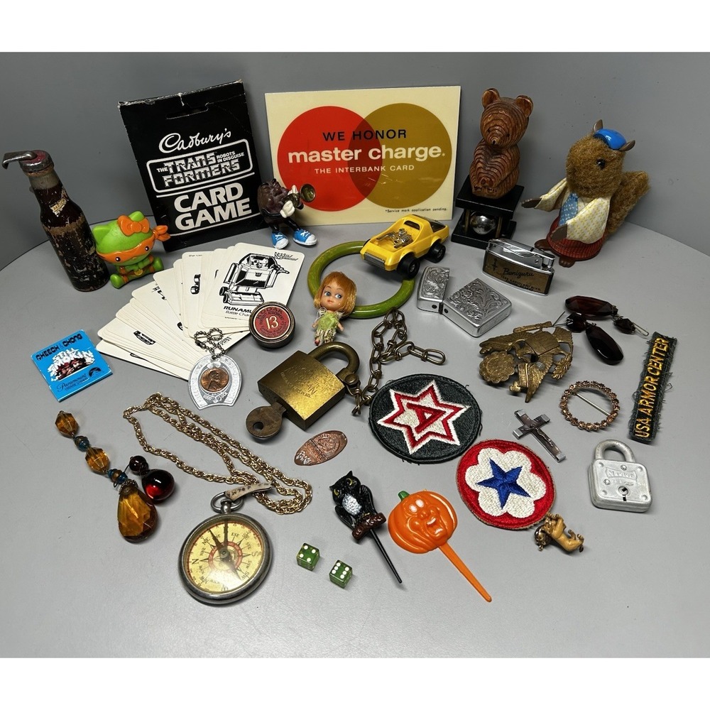 Junk Drawer Lot Vintage Estate Kitsch Miniatures Game Doll Patches Halloween Fun